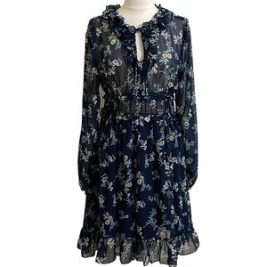 GLAM Navy Blue Floral Print Dress High Neck Sheer Bodice Long Sleeve Ruffle